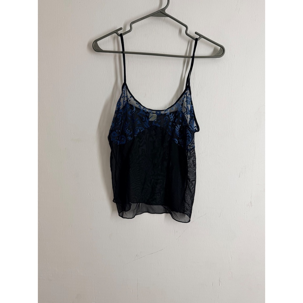 Vintage Sheer Black Mesh Camisole Blue Floral Embroidered Lace Cami Top Large